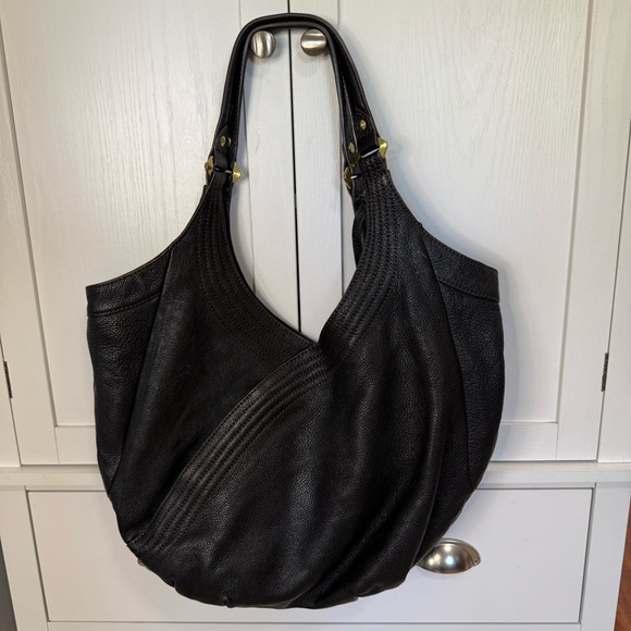 orYANY New York Black Leather Hobo Shoulder Bag Brass Hardware Slouchy Purse - Picture 3 of 8